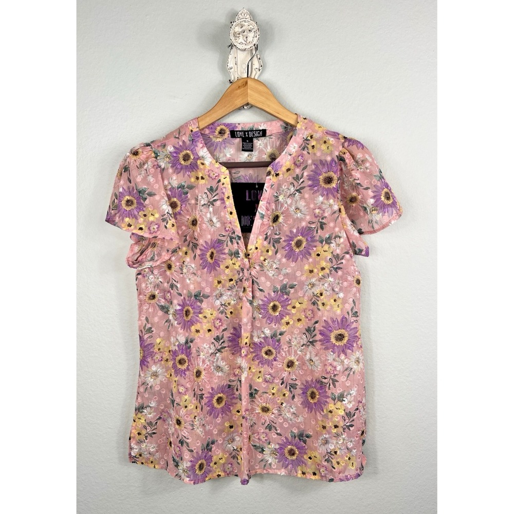 Love X Design Blouse Womens S Pink Floral V Neck Lurex Flutter Sleeve L75993J